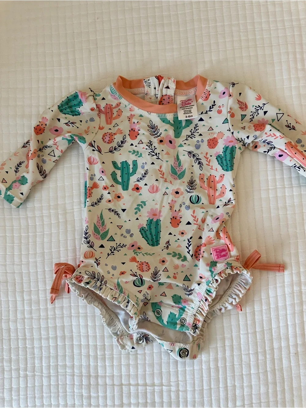 Ruffle Butts Coral Trim Cactus Print Long-Sleeve One-Piece
